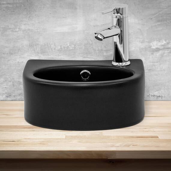 ML-Design Waschbecken Keramik Schwarz 33,5x25,5x13 cm, klein, Hahnloch rechts, Abgerundete Aufsatzwaschbecken, Moderne Waschtisch Waschschale mit Überlauf, Waschplatz Handwaschbecken, für Badezimmer