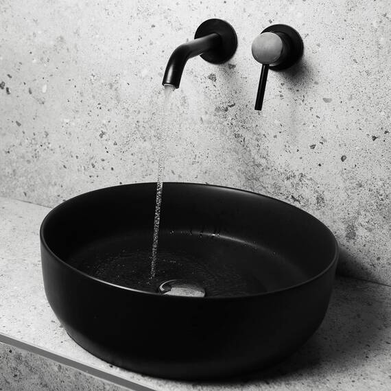 ML-Design Waschbecken aus Keramik in Schwarz matt Ø 415 x 135 mm, Runde Aufsatzwaschbecken, Moderne Waschtisch, Waschschale mit Abflussloch, Waschplatz Handwaschbecken, für Badezimmer/Gäste-WC