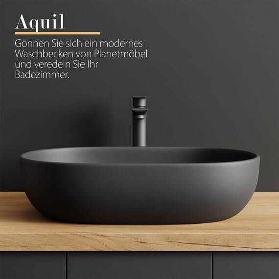 Planetmöbel Aquil Deluxe Waschbecken Oval | Aufsatzwaschbecken für Badezimmer und Gäste-WC | Handwaschbecken ohne Hahnloch und Überlauf | Schwarz matt, 60 x 40 x15 cm
