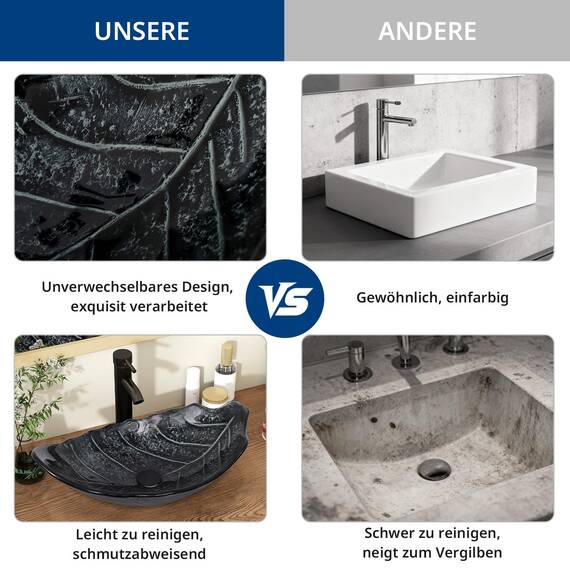 YU YUSING Aufsatzwaschbecken Waschbecken Glas Waschtisch Waschschale mit Wasserhahn Set, Blattförmiges Becken, Waschplätze für Badezimmer Küche Gäste WC, Modern Silber Grau