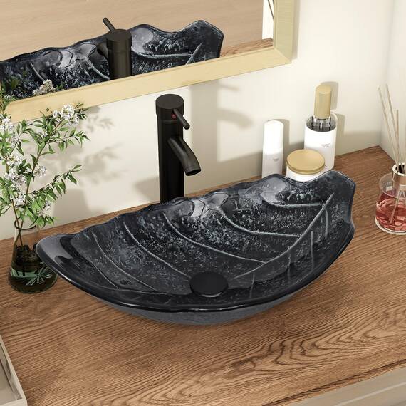 YU YUSING Aufsatzwaschbecken Waschbecken Glas Waschtisch Waschschale mit Wasserhahn Set, Blattförmiges Becken, Waschplätze für Badezimmer Küche Gäste WC, Modern Silber Grau