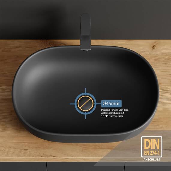 Planetmöbel Aquil Deluxe Waschbecken Oval | Aufsatzwaschbecken für Badezimmer und Gäste-WC | Handwaschbecken ohne Hahnloch und Überlauf | Schwarz matt, 60 x 40 x15 cm