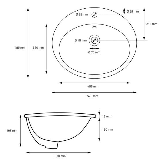 ML-Design Waschbecken aus Keramik in Schwarz matt 57x48,5x19,5 cm Oval, Einbauwaschbecken mit Überlauf, Aufsatzwaschbecken Einbauwaschtisch Waschschale Handwaschbecken, für Badezimmer/Gäste WC