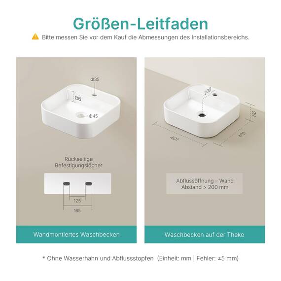 EMKE Aufsatzwaschbecken Keramik Waschbecken Bad 40 x 40 x 11 cm, Hängewaschbecken für Badezimmer Gäste WC, Waschtisch Handwaschbecken Klein Rechteckig Waschplatz Aufsatzbecken Waschschüssel Weiß