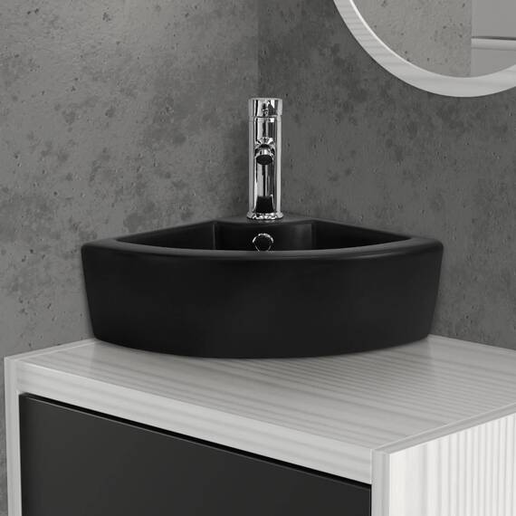 ML-Design Waschbecken Eck aus Keramik in Schwarz, 46x33x13cm, Eckig, Wandmontage/Aufsatzwaschbecken, Eckwaschbecken mit Überlauf, Hängewaschbecken Waschtisch Waschschale Waschplatz Handwaschbecken