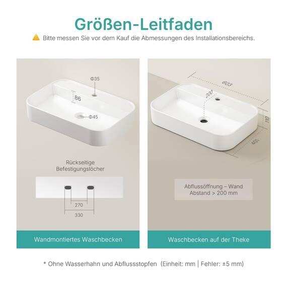 EMKE Waschbecken Aufsatzwaschbecken- Hängewaschbecken für Badezimmer & Gäste-WC - 60 × 40 × 11 cm Keramikwaschbecken Weiß
