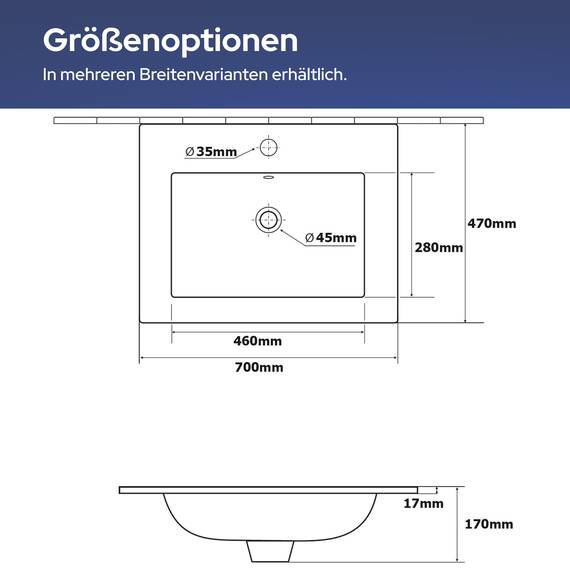 VILSTEIN® Keramik Waschbecken Eckig [70CM] - Aufsatz - & Einbauwaschbecken für Badezimmer & Gäste WC - Einbauwaschbecken Bad - Waschbecken Einsatz - Handwaschbecken für Waschtisch - Bathroom Sink