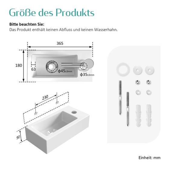 EMKE Waschbecken - Mini Hängewaschbecken für Badezimmer & Gäste-WC - 36 × 18 × 9 cm - Hochwertige KeramikWaschschale - rechteckig Armatur-Loch Rechte - Weiß