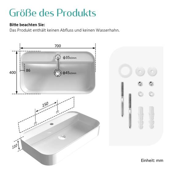 EMKE Waschbecken Aufsatzwaschbecken - Hängewaschbecken für Badezimmer & Gäste-WC - 70 × 40 × 11 cm Keramikwaschbecken Weiß