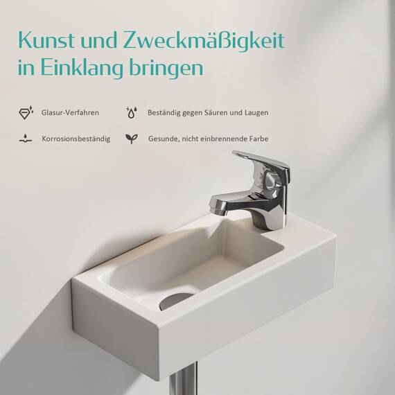 EMKE Waschbecken - Mini Hängewaschbecken für Badezimmer & Gäste-WC - 36 × 18 × 9 cm - Hochwertige KeramikWaschschale - rechteckig Armatur-Loch Rechte - Weiß