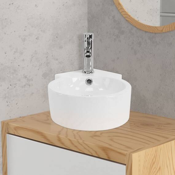 ML-Design Waschbecken Eck aus Keramik in Weiß, 45x36x13 cm, Rund, Wandmontage/Aufsatzwaschbecken, Eckwaschbecken mit Überlauf, Hängewaschbecken Waschtisch Waschschale Waschplatz Handwaschbecken