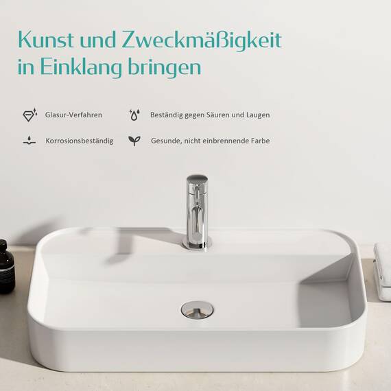 EMKE Waschbecken Aufsatzwaschbecken - Hängewaschbecken für Badezimmer & Gäste-WC - 70 × 40 × 11 cm Keramikwaschbecken Weiß