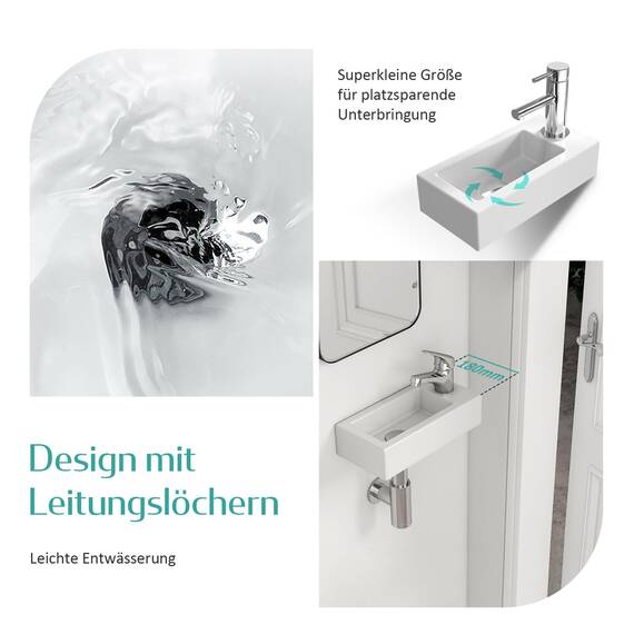 EMKE Waschbecken - Mini Hängewaschbecken für Badezimmer & Gäste-WC - 36 × 18 × 9 cm - Hochwertige KeramikWaschschale - rechteckig Armatur-Loch Rechte - Weiß