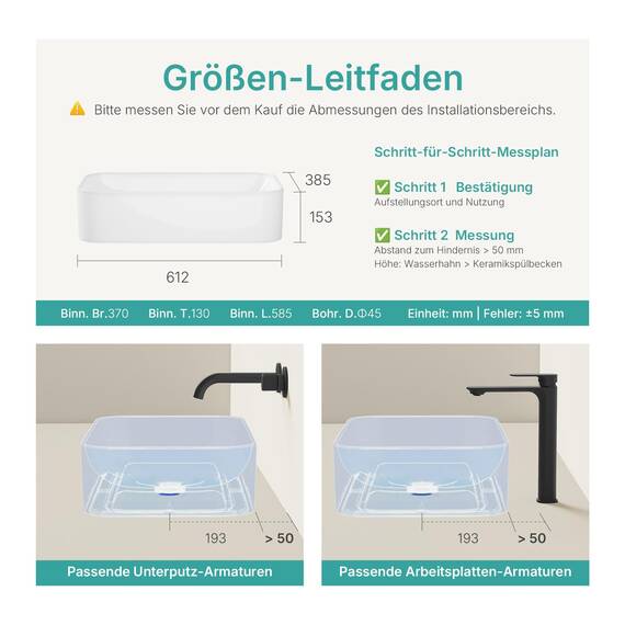 EMKE Aufsatzwaschbecken Waschbecken Bad 60 × 38 × 15 cm, Eckig Handwaschbecken für Badezimmer Gäste WC, Keramik Aufsatzbecken Waschschale Waschtisch Weiß