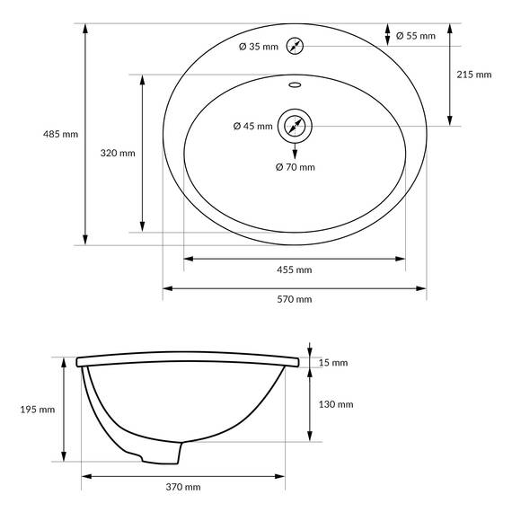 ML-Design Waschbecken aus Keramik Weiß glänzend 57x19,5x48,5cm Oval Einbauwaschbecken mit Hahnloch und Überlauf, Badezimmer Aufsatzwaschbecken Einbauwaschtisch Waschschale Waschplatz Handwaschbecken