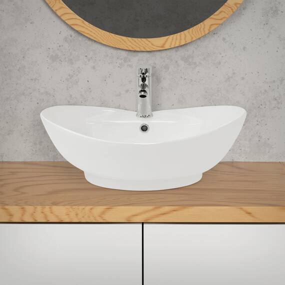 ML-Design Waschbecken aus Keramik Weiß glänzend 59x20,5x39,5 cm, Ovale Aufsatzwaschbecken, Moderne Waschtisch, Waschschale mit Abflussloch, Waschplatz Handwaschbecken, für das Badezimmer und Gäste-WC