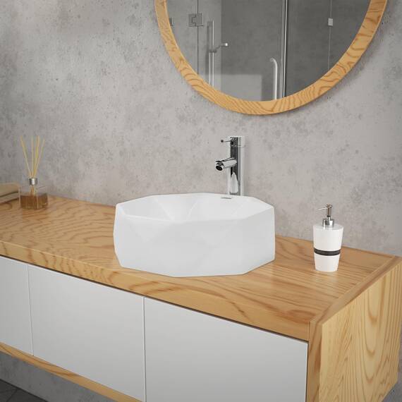 ML-Design Waschbecken Keramik Weiß glänzend Ø 42x13,5 cm inkl. Ablaufgarnitur ohne Überlauf, Diamant Design, Aufsatzwaschbecken Moderne Waschtisch Waschschale Waschplatz Handwaschbecken für Badezimmer
