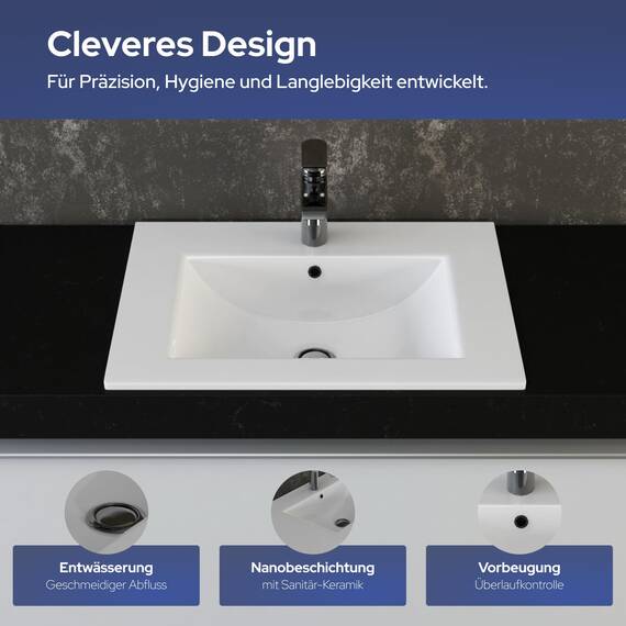 VILSTEIN® Keramik Waschbecken Eckig [70CM] - Aufsatz - & Einbauwaschbecken für Badezimmer & Gäste WC - Einbauwaschbecken Bad - Waschbecken Einsatz - Handwaschbecken für Waschtisch - Bathroom Sink