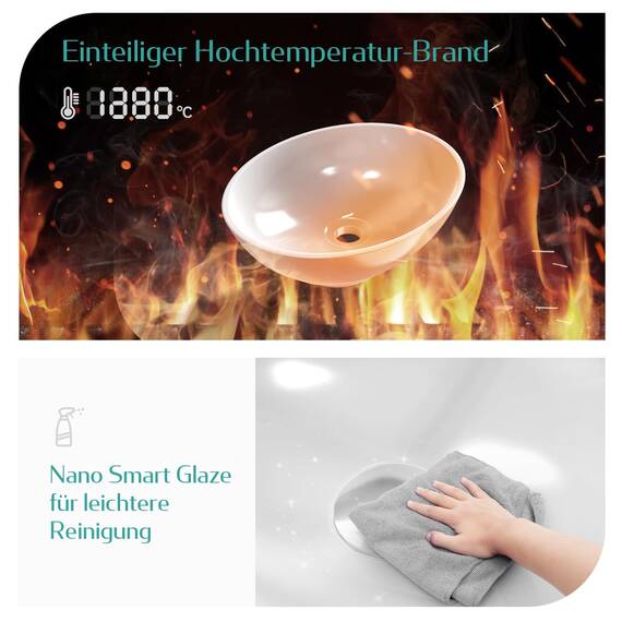 EMKE Waschbecken Aufsatzwaschbecken Oval, Hängewaschbecken für Badezimmer Gäste WC 42 x 34 x 13 cm, Waschbecken Oval Klein Bad Keramikwaschbecken Waschtisch Weiß