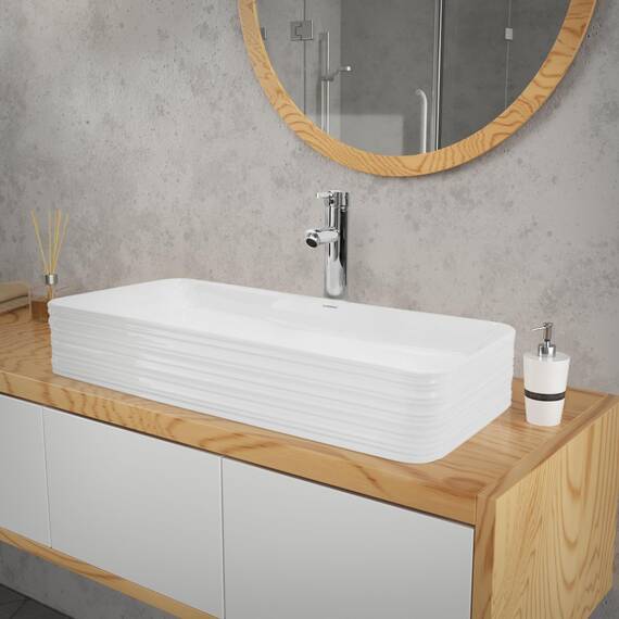 ML-Design Waschbecken aus Keramik in Weiß 68x38x12 cm Eckig inkl. Ablaufgarnitur, Moderne Aufsatzwaschbecken, Design Waschtisch Aufsatz-Waschschale Waschplatz Handwaschbecken, für Badezimmer/Gäste-WC