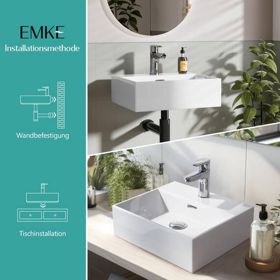 EMKE Waschbecken Aufsatzwaschbecken, Hängewaschbecken für Badezimmer Gäste WC 41 x 36 x 13 cm, Eckig Handwaschbecken Klein Waschbecken Bad Wandwaschbecken Waschtisch Weiß