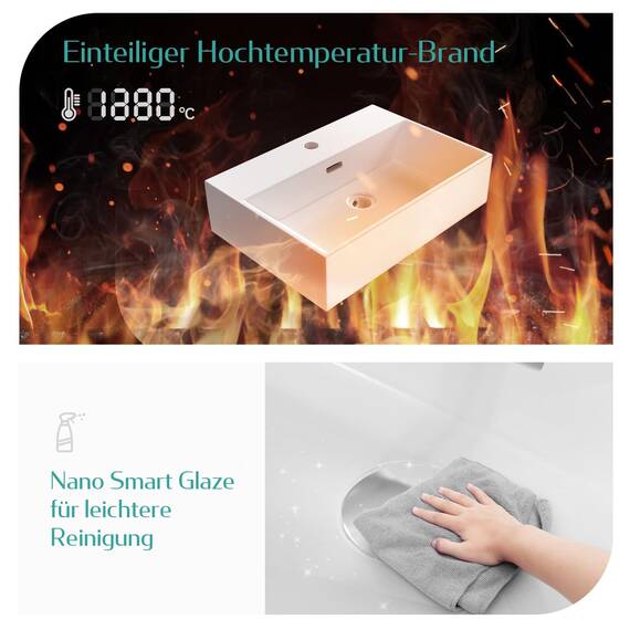 EMKE Waschbecken Aufsatzwaschbecken, Hängewaschbecken für Badezimmer Gäste WC 60 x 36 x 13 cm, Handwaschbecken Eckig Klein Waschbecken Bad Wandwaschbecken Waschtisch Weiß