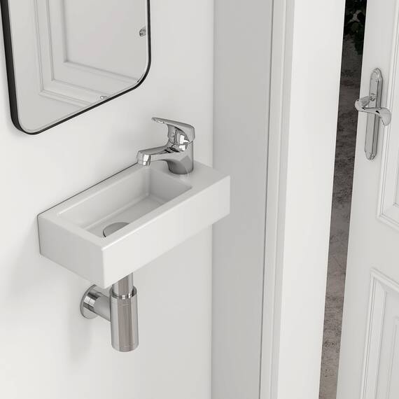 EMKE Waschbecken - Mini Hängewaschbecken für Badezimmer & Gäste-WC - 36 × 18 × 9 cm - Hochwertige KeramikWaschschale - rechteckig Armatur-Loch Rechte - Weiß