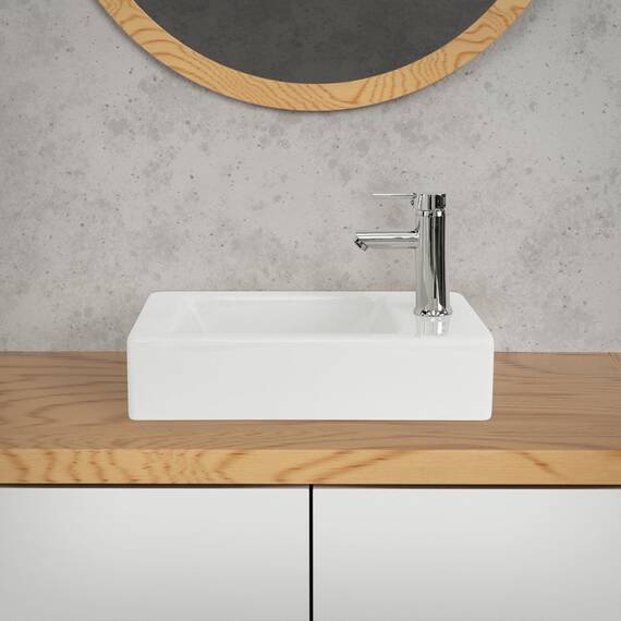 ML-Design Waschbecken aus Keramik in Weiß 46x26x11 cm, Eckig, klein, Hahnloch rechts, Wandmontage oder Aufsatzwaschbecken, Moderne Waschtisch Waschschale Waschplatz Handwaschbecken, für Badezimmer