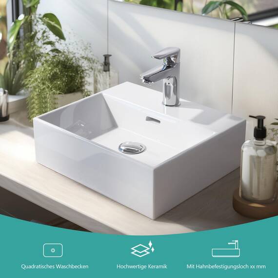 EMKE Waschbecken Aufsatzwaschbecken, Hängewaschbecken für Badezimmer Gäste WC 60 x 36 x 13 cm, Handwaschbecken Eckig Klein Waschbecken Bad Wandwaschbecken Waschtisch Weiß