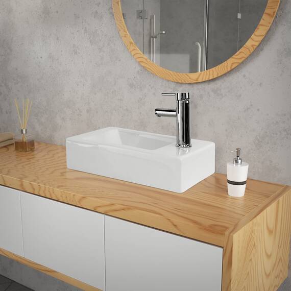 ML-Design Waschbecken aus Keramik in Weiß 46x26x11 cm Eckig, klein, Hahnloch rechts, inkl. Ablaufgarnitur, Wandmontage/Aufsatzwaschbecken, Moderne Hängewaschbecken Waschtisch Waschschale Waschplatz