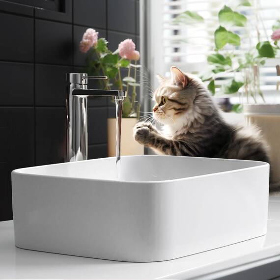 EMKE Aufsatzwaschbecken Waschbecken Bad 60 × 38 × 15 cm, Eckig Handwaschbecken für Badezimmer Gäste WC, Keramik Aufsatzbecken Waschschale Waschtisch Weiß