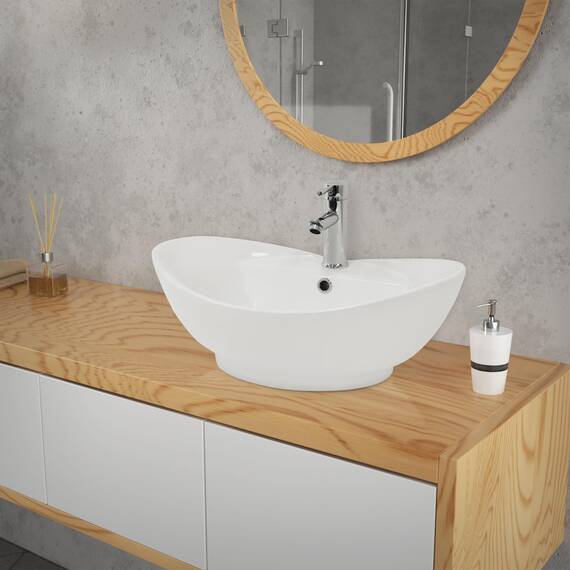 ML-Design Waschbecken aus Keramik Weiß glänzend 59x20,5x39,5 cm, Ovale Aufsatzwaschbecken, Moderne Waschtisch, Waschschale mit Abflussloch, Waschplatz Handwaschbecken, für das Badezimmer und Gäste-WC