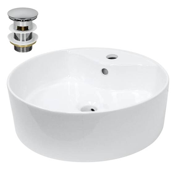 ECD Germany Waschbecken Waschtisch Ø 460 x 155 mm aus Keramik Weiß inkl. Ablaufgarnitur für Waschbecken mit Überlauf Aufsatzbecken Aufsatzwaschbecken Aufsatzwaschtisch Waschschale Spülbecken Becken