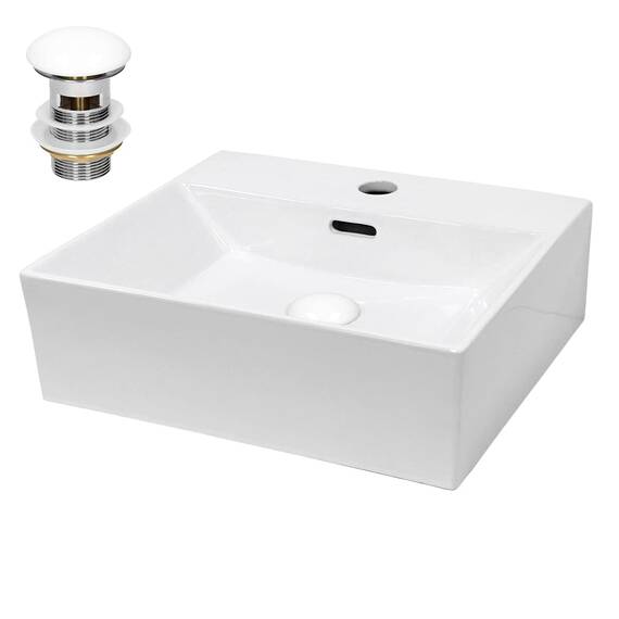 ECD Germany Waschbecken Waschtisch 415x360x130 mm Eckig Keramik Weiß inkl. Ablaufgarnitur für Waschbecken mit Überlauf Aufsatzbecken Aufsatzwaschbecken Aufsatzwaschtisch Waschschale Spülbecken Becken