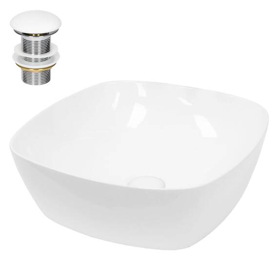 ECD Germany Waschbecken Waschtisch 405x405x140 mm aus Keramik Weiß inkl. Ablaufgarnitur für Waschbecken ohne Überlauf Aufsatzbecken Aufsatzwaschbecken Aufsatzwaschtisch Waschschale Spülbecken Becken