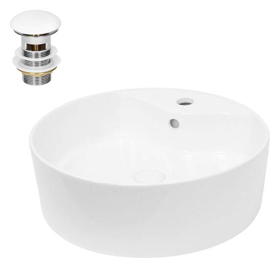 ECD Germany Waschbecken Waschtisch Ø 460 x 155 mm aus Keramik Weiß inkl. Ablaufgarnitur für Waschbecken mit Überlauf Aufsatzbecken Aufsatzwaschbecken Aufsatzwaschtisch Waschschale Spülbecken Becken