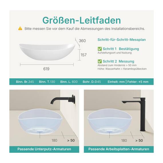 EMKE Waschbecken Aufsatzwaschbecken Oval-Hängewaschbecken für Badezimmer Gäste WC 62 × 36 × 15 cm Waschschale Waschtisch Weiß