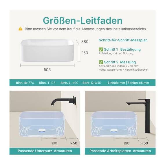 EMKE Waschbecken Aufsatzwaschbecken 50 × 38 × 15 cm, Mini Waschbecken Eckig Handwaschbecken, Keramik Aufsatzbecken für Badezimmer Gäste WC Waschschale Waschplatz Waschtisch Weiß