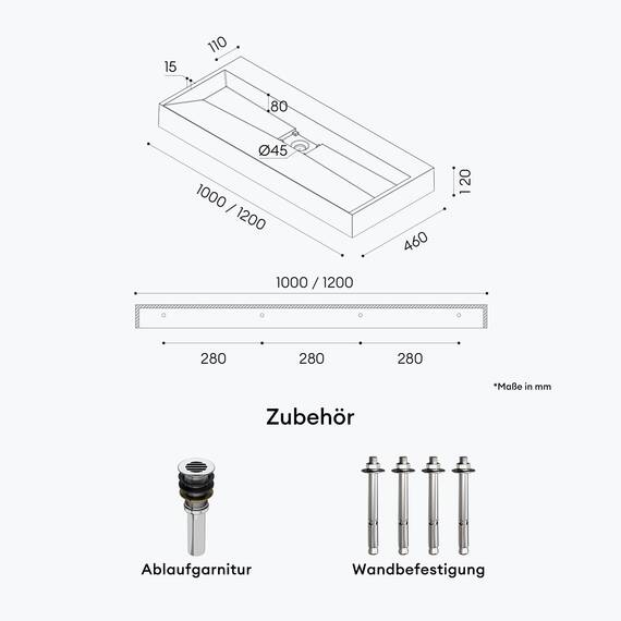 Mai & Mai Waschbecken Matt Anthrazit Aufsatzwaschbecken Hängewaschtisch inkl. Ablaufgarnitur Mineralguss Rechteckig Waschplatz ohne Armaturenloch Breite: 120cm