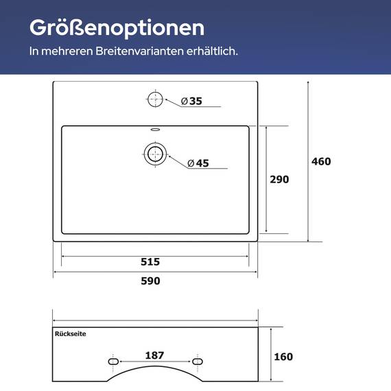 VILSTEIN® Keramik Waschbecken Eckig [59x46x16CM] - Hänge - & Aufsatzwaschbecken Eckig für Badezimmer & Gäste WC - Waschbecken Aufsatz - Handwaschbecken für Waschtisch - Bathroom Sink (Weiß)