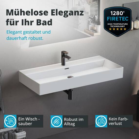 Aqua Bagno Waschbecken 100 cm weiß – eleganter Waschtisch für Badmöbel und Wandmontage, rechteckiges Keramik Waschbecken fürs Badezimmer mit dünnem Rand, pflegeleicht und langlebig