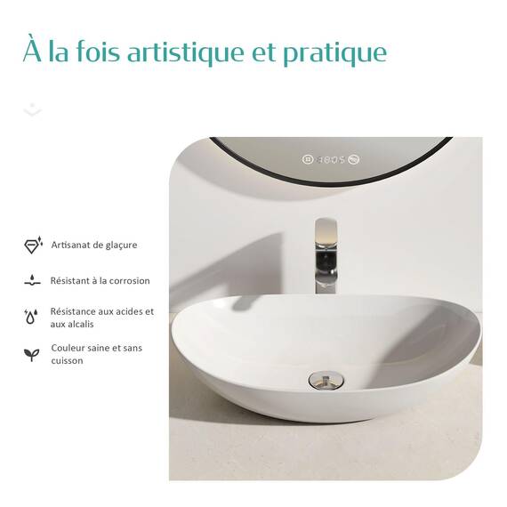 EMKE Waschbecken Aufsatzwaschbecken Oval-Hängewaschbecken für Badezimmer Gäste WC 62 × 36 × 15 cm Waschschale Waschtisch Weiß