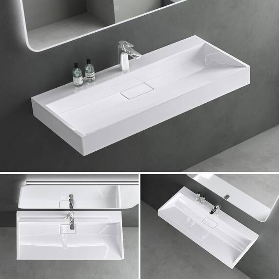 Mai & Mai Waschbecken Weiß Aufsatzwaschbecken Hängewaschtisch inkl. Ablaufgarnitur Mineralguss Rechteckig Waschplatz 1-Armaturenloch Breite: 120cm