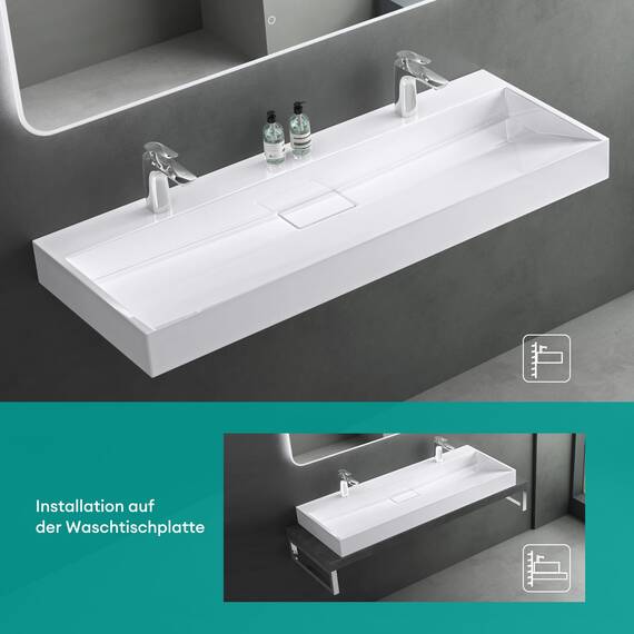 Mai & Mai Waschbecken Weiß Aufsatzwaschbecken Hängewaschtisch inkl. Ablaufgarnitur Mineralguss Rechteckig Waschplatz 2-Armaturenloch Breite: 120cm