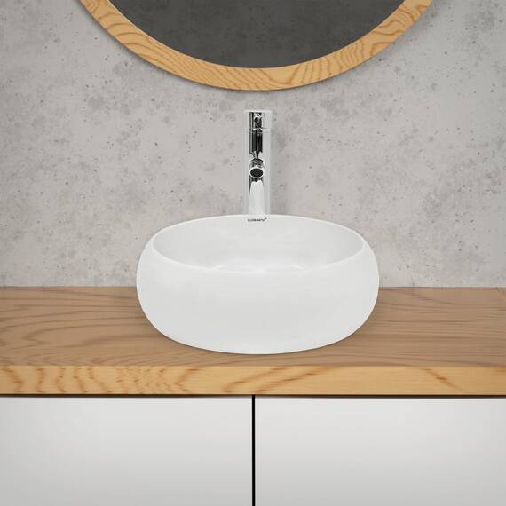 ECD Germany Waschbecken Waschtisch Ø 400 x 350 mm Keramik Rund Weiß inkl. Ablaufgarnitur für Waschbecken ohne Überlauf Aufsatzbecken Aufsatzwaschbecken Aufsatzwaschtisch Waschschale Spülbecken Becken