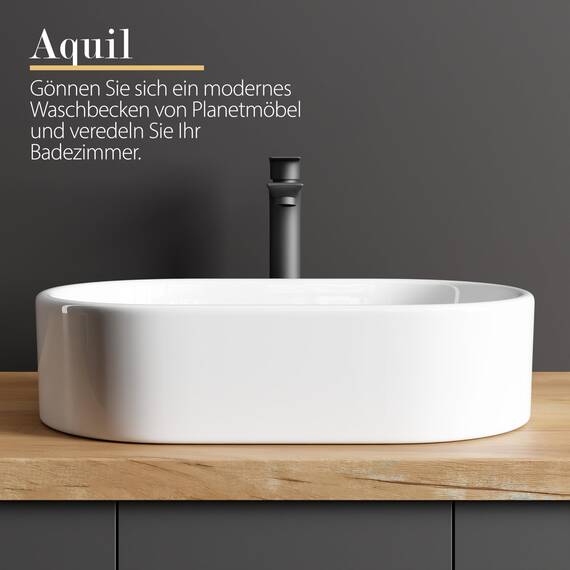 Planetmöbel Aquil Elegant Waschbecken Oval | Aufsatzwaschbecken für Badezimmer und Gäste-WC | Handwaschbecken ohne Hahnloch und Überlauf | Weiß, 55 x 34 x 14 cm