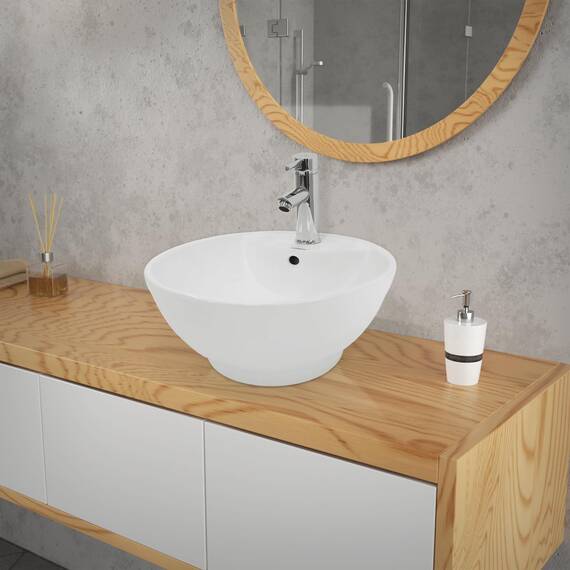 ECD Germany Design Waschbecken Waschtisch Ø 455 x 185 mm inkl. Ablaufgarnitur für Waschbecken mit Überlauf - Keramik Rund Weiß Aufsatzbecken Aufsatzwaschbecken Waschschale Aufsatzwaschtisch Spülbecken