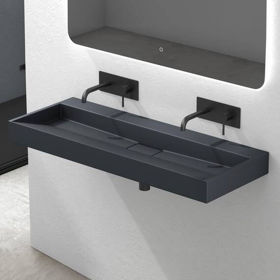 Mai & Mai Waschbecken Matt Anthrazit Aufsatzwaschbecken Hängewaschtisch inkl. Ablaufgarnitur Mineralguss Rechteckig Waschplatz ohne Armaturenloch Breite: 120cm