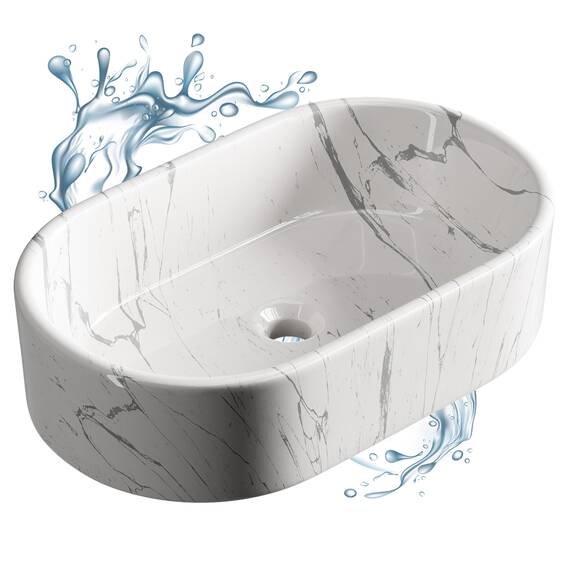 Planetmöbel Aquil Elegant Waschbecken Oval | Aufsatzwaschbecken für Badezimmer und Gäste-WC | Handwaschbecken ohne Hahnloch und Überlauf | Marmor Weiß, 55 x 34 x 14 cm