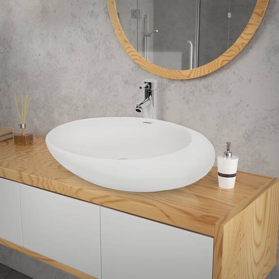 ECD Germany Waschbecken Waschtisch 585x375x145mm aus Keramik Weiß inkl. Ablaufgarnitur für Waschbecken ohne Überlauf Aufsatzbecken Aufsatzwaschbecken Aufsatzwaschtisch Waschschale Spülbecken Becken